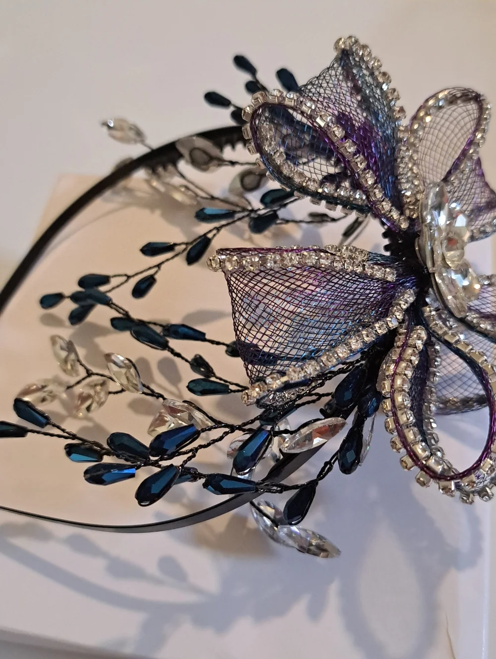 Goth Bride Headband Purple Mesh Crystal Blue-Black Rhinestones